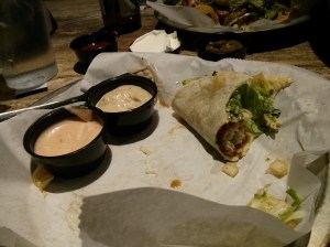 fish tako with fried tilapia, hoisin tartar sauce, & tako salad.